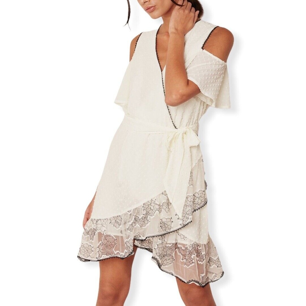Foxiedox Mini Dress Wrap Babette Cold Shoulder Ivory Lace Small Swiss Dot New
